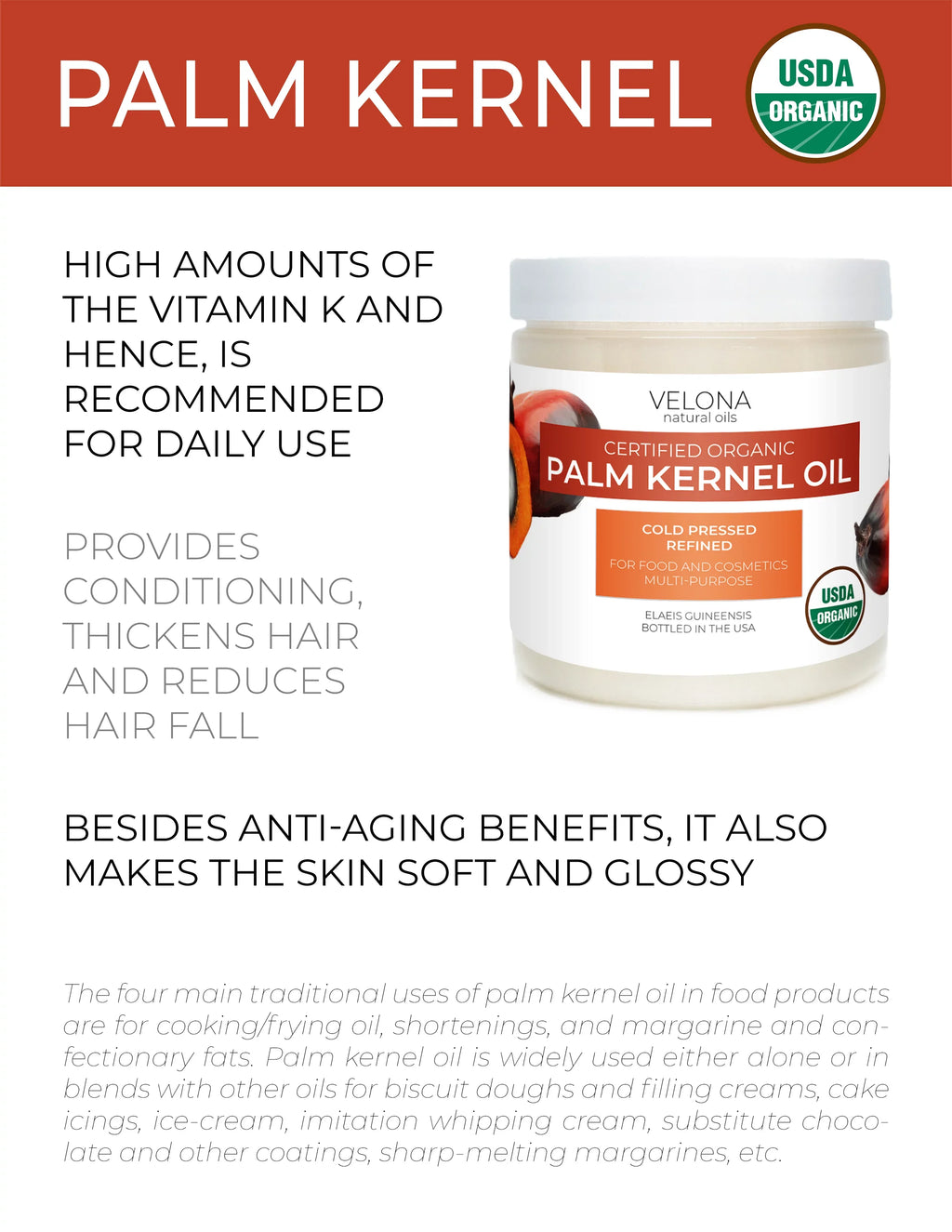 Velona  Certified Organic Palm Kernel Oil - 112 oz | 100% Pure and Natural Carrier Oil | Refined, Cold Pressed | Face, Hair, Body & Skin Care | Use Today - Enjoy Results