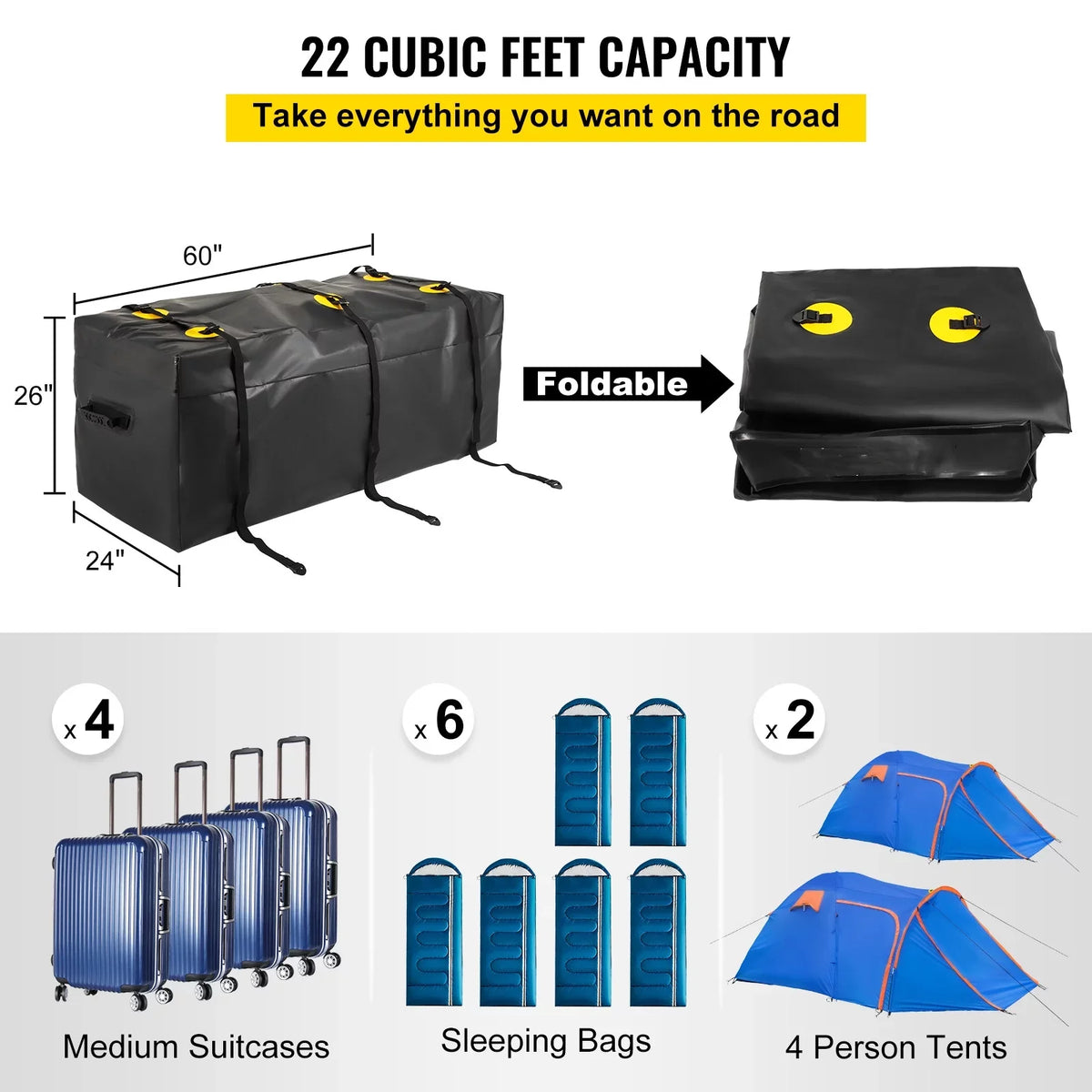 Hitch Cargo Carrier Bag, Waterproof 840D , 60"x24"x26" (22 Cubic Feet), Heavy Duty Cargo Bag for Hitch Carrier with Reinforced Straps, Fits Car Truck  Vans Hitch Basket
