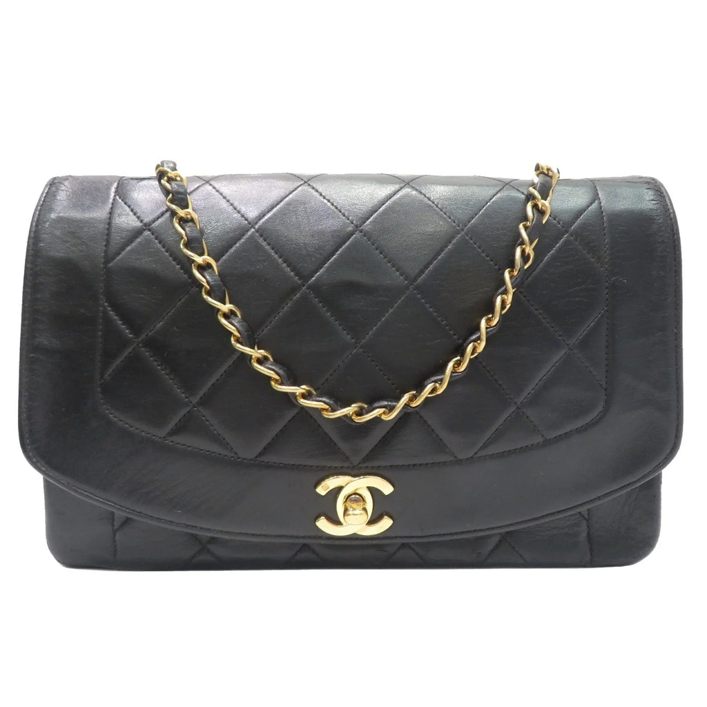 Pre-Owned  Chanel Matelasse Diana Chain Shoulder Bag Black Lambskin Women's Men's (Fair)