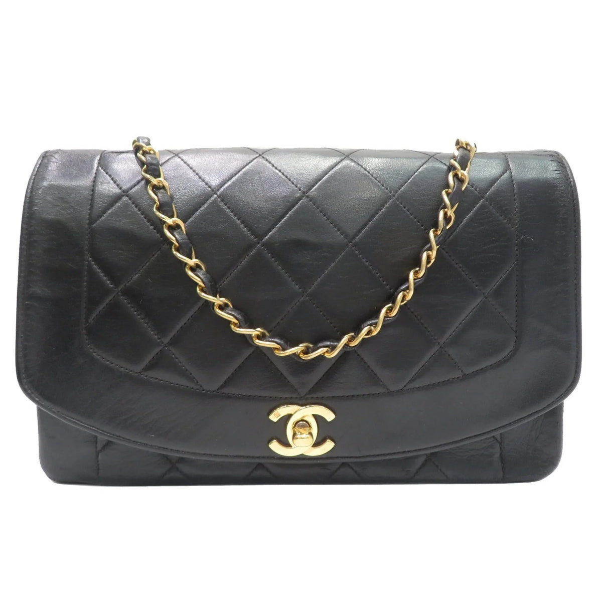 Pre-Owned  Chanel Matelasse Diana Chain Shoulder Bag Black Lambskin Women's Men's (Fair)
