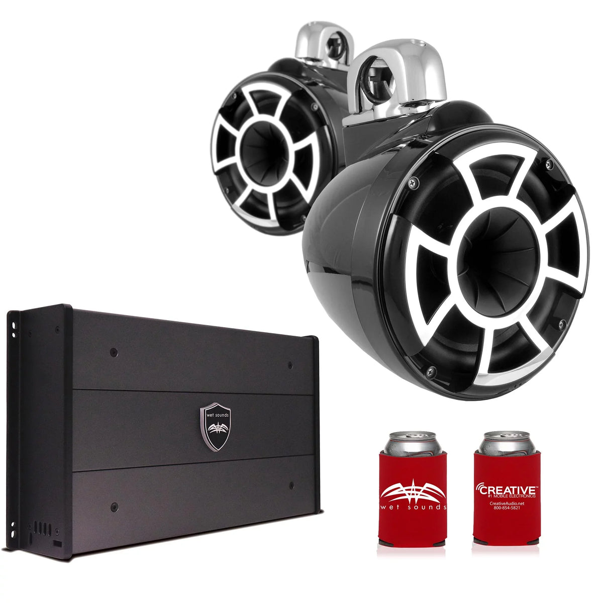 Wet Sounds REV8B- 8" Black Tower Speakers with Stainless Steel Fixed Mini Clamps & -DX2.3 1200 Watt Amplifier