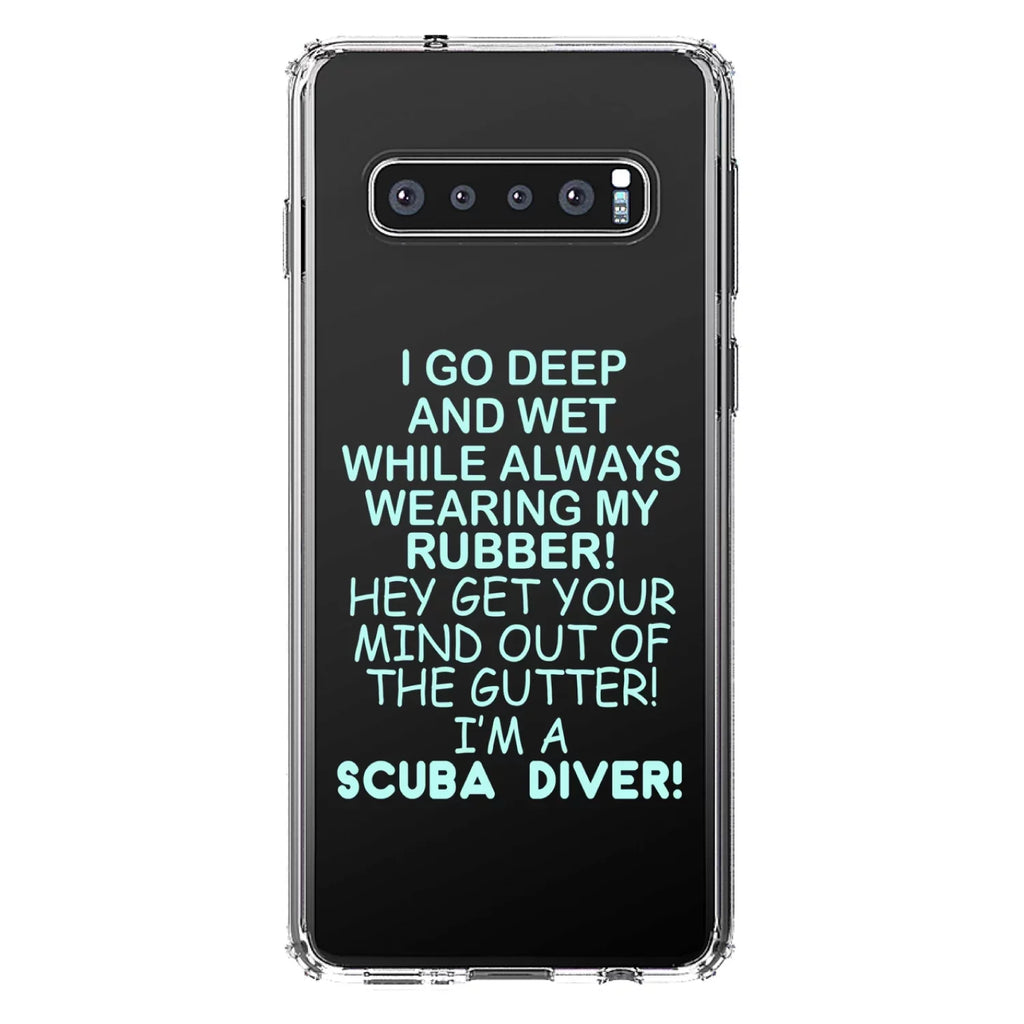 DistinctInk Clear Shockproof Hybrid Case for Samsung Galaxy S10+  (6.4" Screen) -  Bumper Acrylic Back Tempered Glass Screen Protector - I Go Deep & Wet Wearing My Rubber Scuba Diving