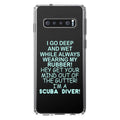 DistinctInk Clear Shockproof Hybrid Case for Samsung Galaxy S10+  (6.4" Screen) -  Bumper Acrylic Back Tempered Glass Screen Protector - I Go Deep & Wet Wearing My Rubber Scuba Diving
