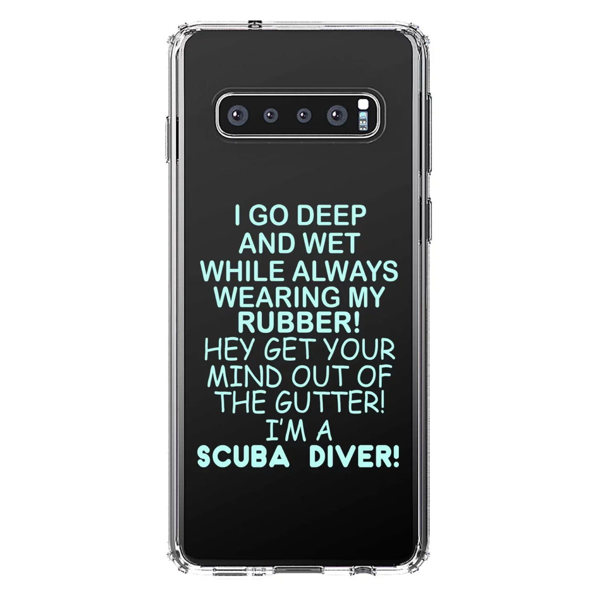 DistinctInk Clear Shockproof Hybrid Case for Samsung Galaxy S10+  (6.4" Screen) -  Bumper Acrylic Back Tempered Glass Screen Protector - I Go Deep & Wet Wearing My Rubber Scuba Diving