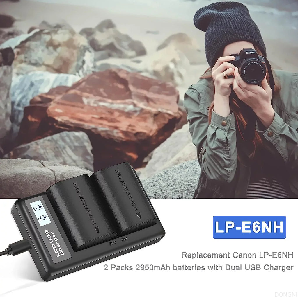 2-Pack -E6NH 2950mAh Batteries and Dual Charger for Canon  R R5 R6 5DS 6D 7D 60D 70D 80D 90D 5D Mark // Camera