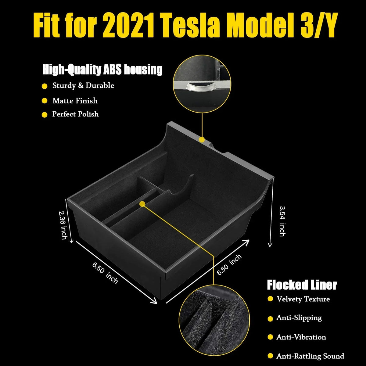 Center Console Organizer Tray Fit for 2021 2022 2023 Tesla Model 3/Y Armrest Storage Box Cubby Drawer Container Tesla Model 3 Model Y Accessories Interior Parts  Material Flocked Liner