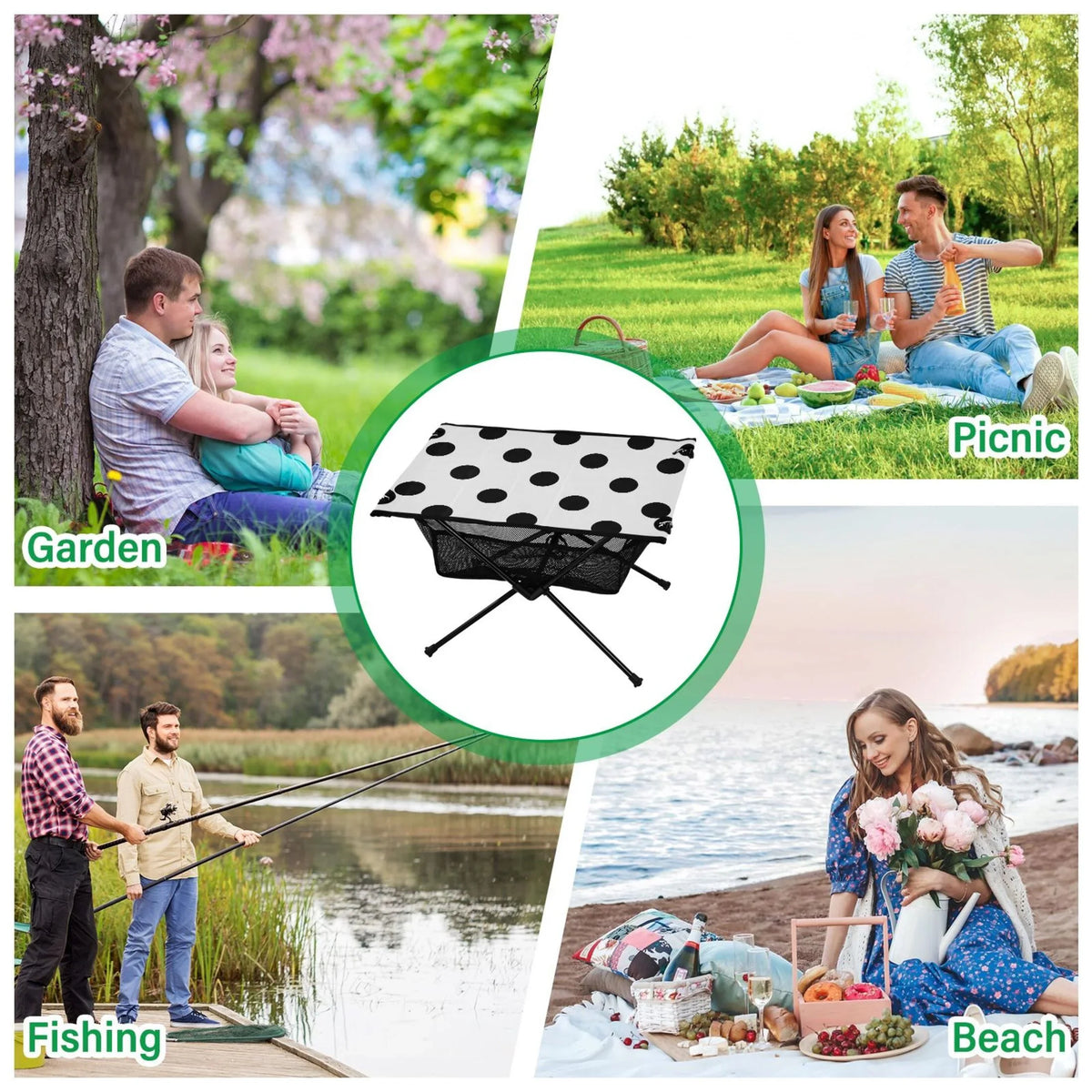 Black Polka Dots Camping Foldable Portable Table Beach Table with Storage Bag Compact Picnic Table for Outdoor Hiking Fishing