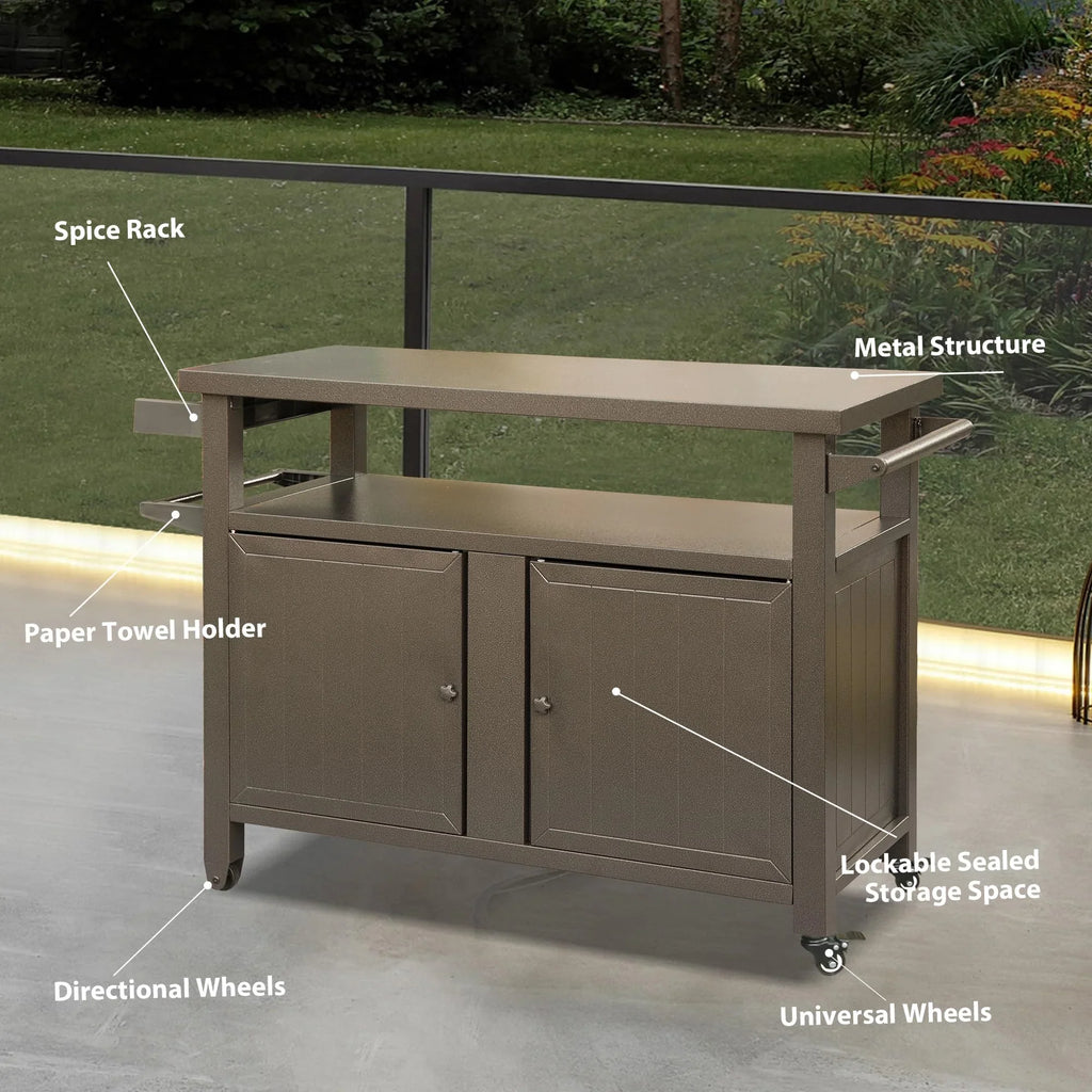 Homiyad Grill Carts Outdoor Storage Cabinet with Wheels, Metal Outdoor Grill Table Kitchen Dining Table Cooking Prep  Table for Patio, Kitchen Island, Home Party, Bar (Brown)