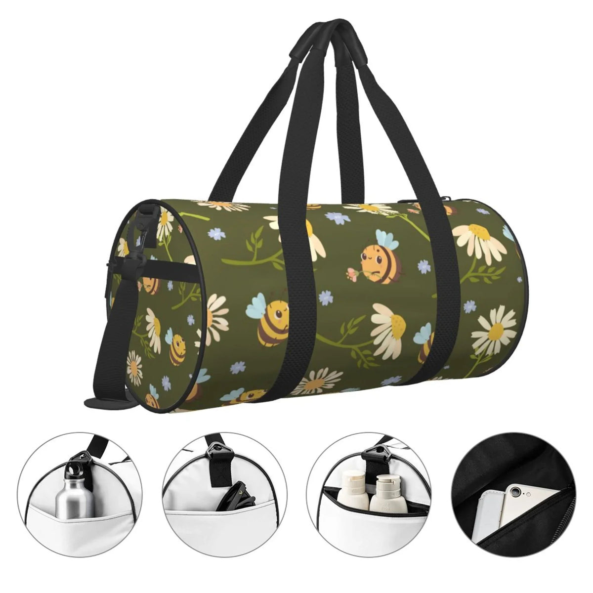 Green Daisies Bees Travel Duffle Bag, Sports Tote Gym Bag Weekenders Bags for Women Men