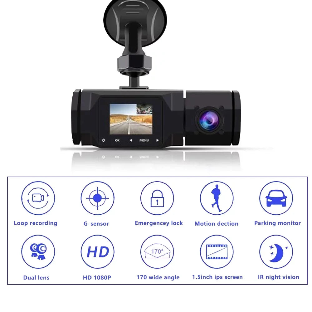 Dual Dash Cam 1080P Front and Cabin Car Dashboard Camera with  Night Vision, 2 Channel Driving Recorder Motion Detection, Parking Monitoring, Accident Locked, Loop Recording, 1.5in