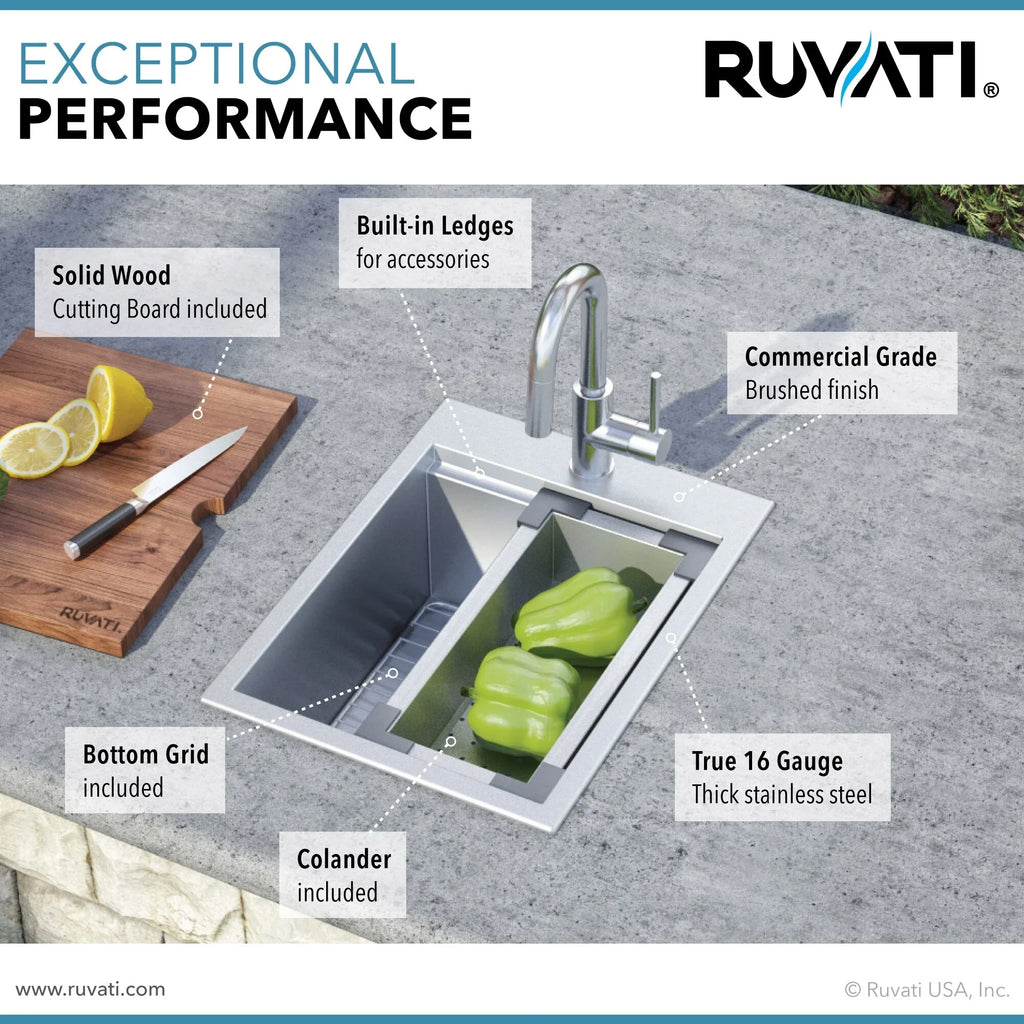 Ruvati RVH8210 15 x 20 in. Workstation Drop-in Topmount Bar Prep  Sink 16 Gauge Stainless Steel