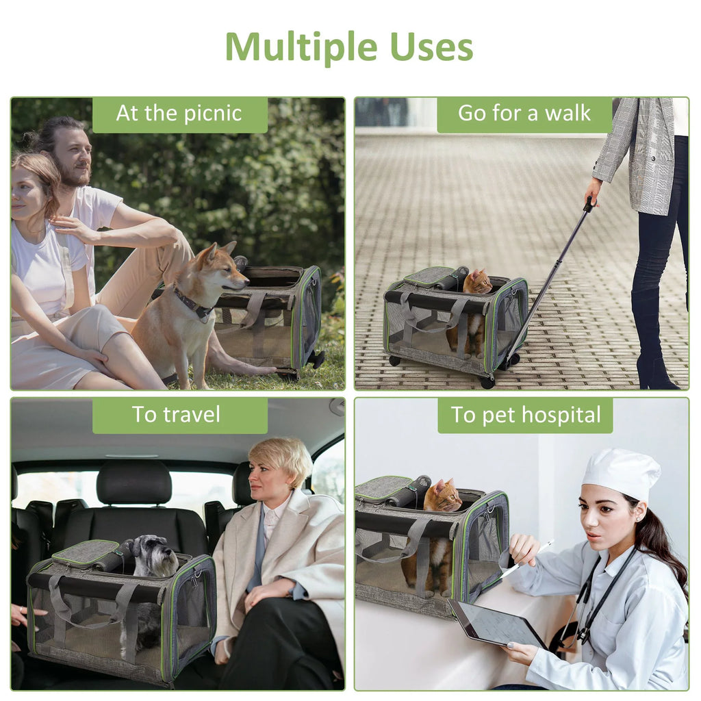 Pet Carrier with Wheels for Dogs and Cats, Airline Approved Pet Carrier for Cat & Dog, Cat Carrier with Wheel Removable Base, Telescopic Handle, Soft-Sided Mesh and Safety Strap
