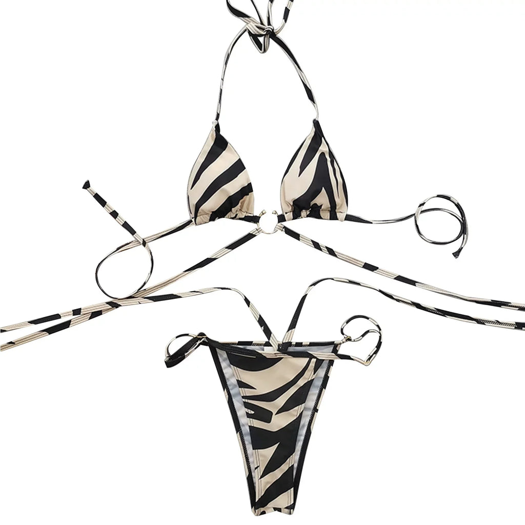 Swimsuits for Women Sexy Panda Two Color Striped Lace Up Split Bikini Swimsuit