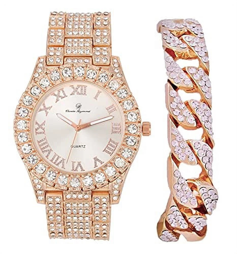 Charles Raymond Mens Silver Big Rocks with Roman Numerals Fully Iced Out Colorful Dial Wristwatch w/Blinged Out Cuban Shiny Silver Bracelet - ST10327  Cuban (Rose Gold)