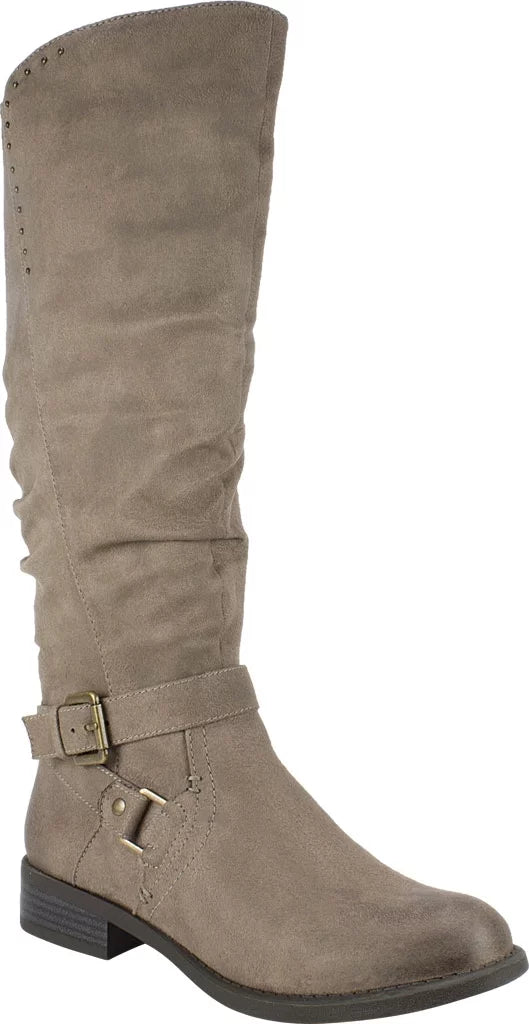 Womens Beige Studded Stretch Gore Cushioned Wide Calf Ruched Buckle Accent Liona Round Toe Block Heel Zip-Up Riding Boot 5 M