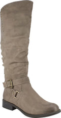 Womens Beige Studded Stretch Gore Cushioned Wide Calf Ruched Buckle Accent Liona Round Toe Block Heel Zip-Up Riding Boot 5 M