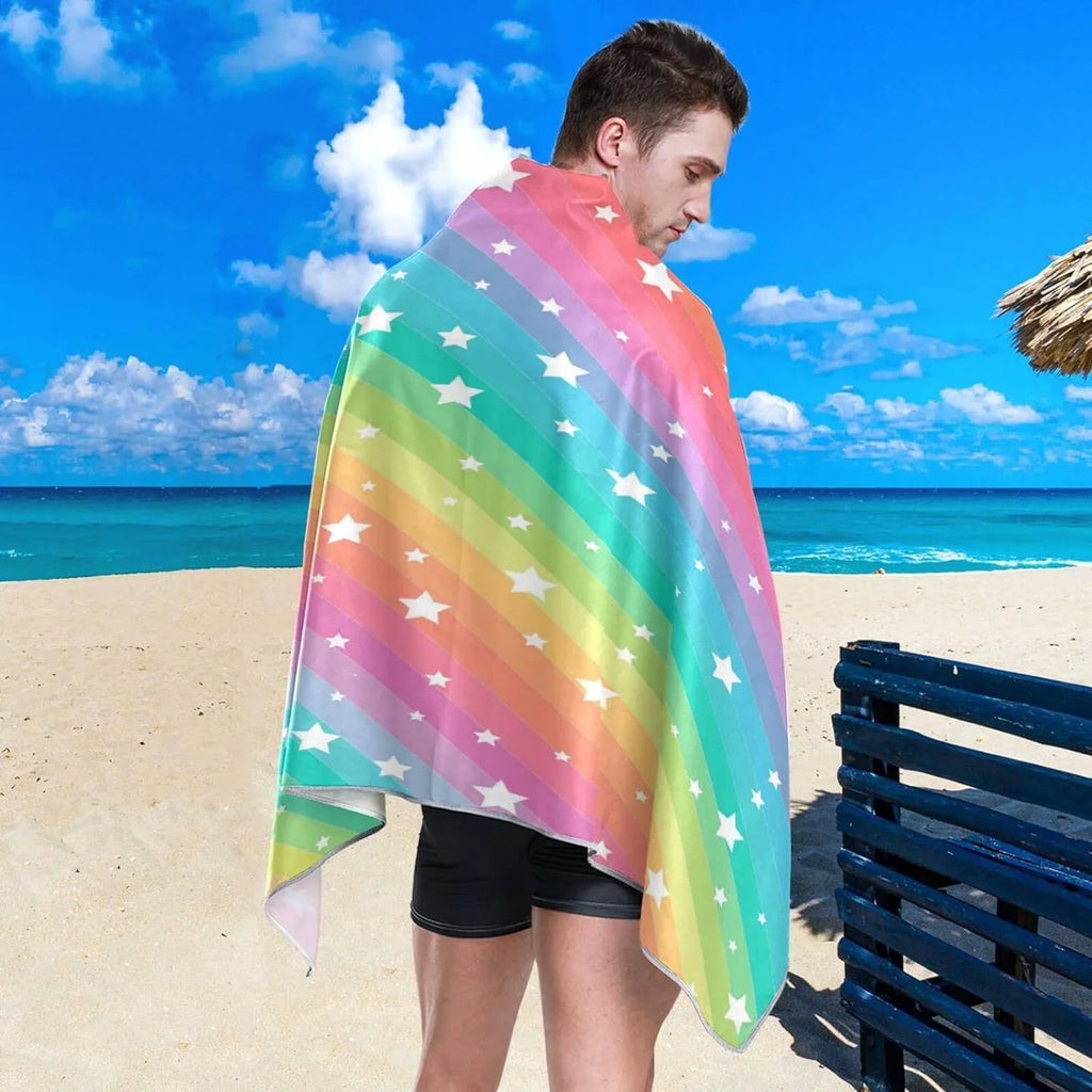 Bestwell Rainbow Star Beach Towel Oversized Towel Blanket, Thin Lightweight Microfiber Sand Free Quick Dry Towel, 30”X60” Multipurpose Pool Bath Yoga Swim Shower Towel
