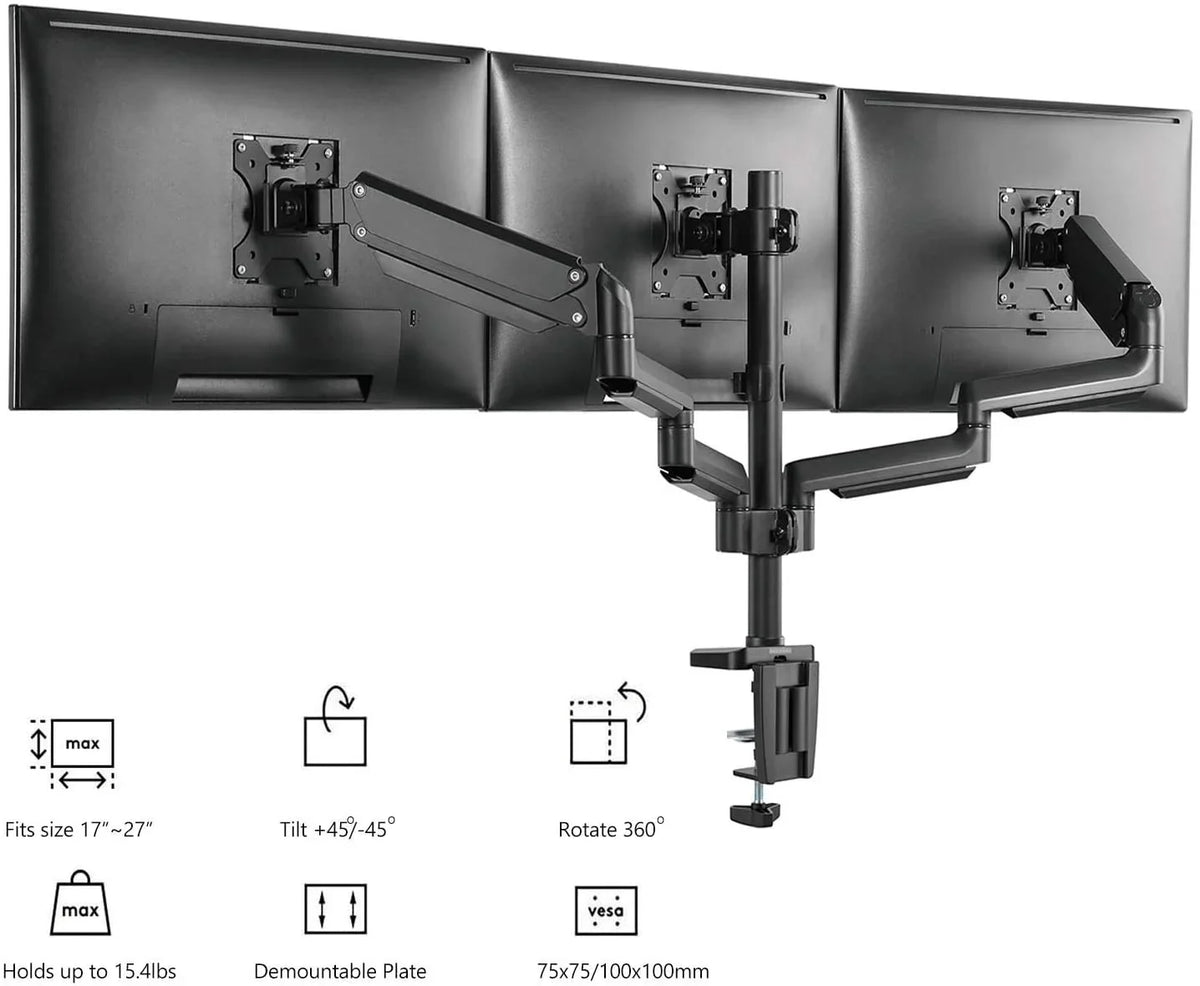 Premium Triple  Monitor Desk Mount Fully Adjustable Gas Spring Stand for Display up to 27 inch, 15.4lbs Weight Capacity