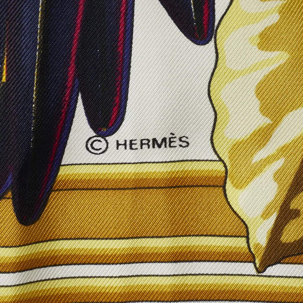 Pre-Owned Hermes Carre90 Les Perroquets detail Bird Parrot Scarf Muffler Gold Navy Silk Ladies  (Good)