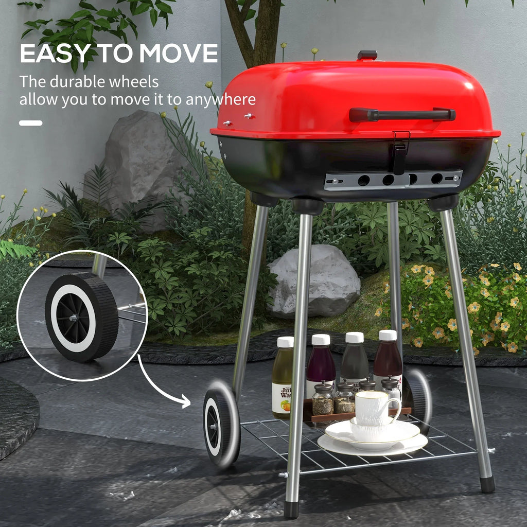 Outsunny Portable Charcoal Grill with Wheels Bottom Shelf for Picnic, Red