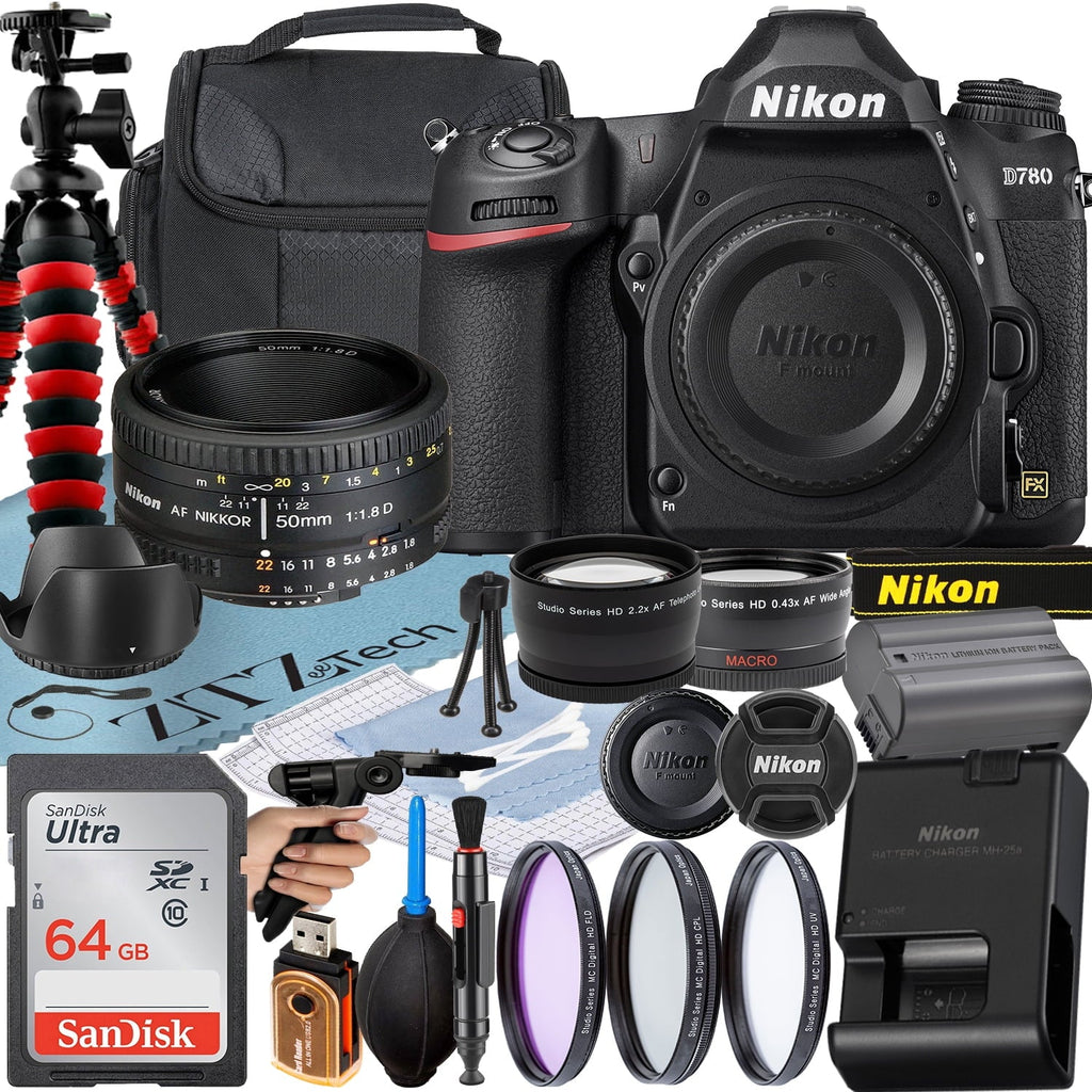 Nikon D780  Camera with   50mm f/1.8D Lens + SanDisk 64GB Card + Case + 3 Pieces Filter + Flash + ZeeTech Accessory Bundle