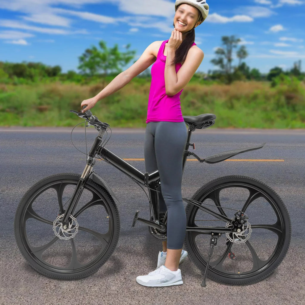 Folding Mountain Bike, 26" 21-Speed Height Adjustable Steel Frame Shifter City Bicycle for Men & Women Double Disc Brake Black