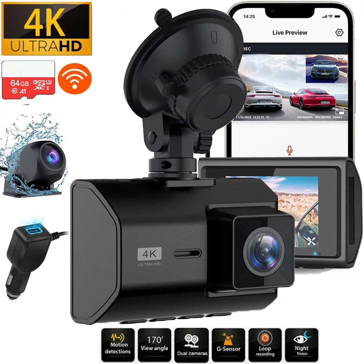 4K Front and Rear Dash Cam for Cars, Dual Dash Cam with  Card, 2 Inch Dash Camera with  , Night Vision, Loop Recording, Parking Mode, Wide Angle, 64GB  Card Included