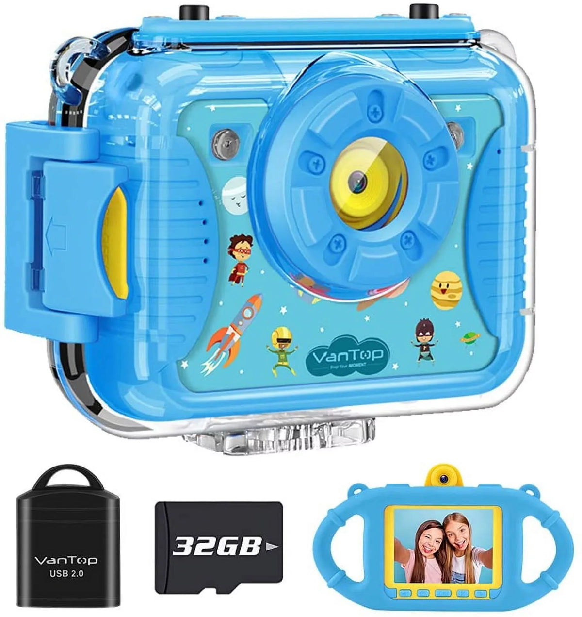 VanTop Junior K8 Kids Camera with 32GB Memory Card, Selfie 1080P Supported Waterproof Video Camera / 8MP 2.4 inch Large Screen, Fill Light, Face Recognition, 4 Games, Extra Kid-Proof Silicon Case Blue