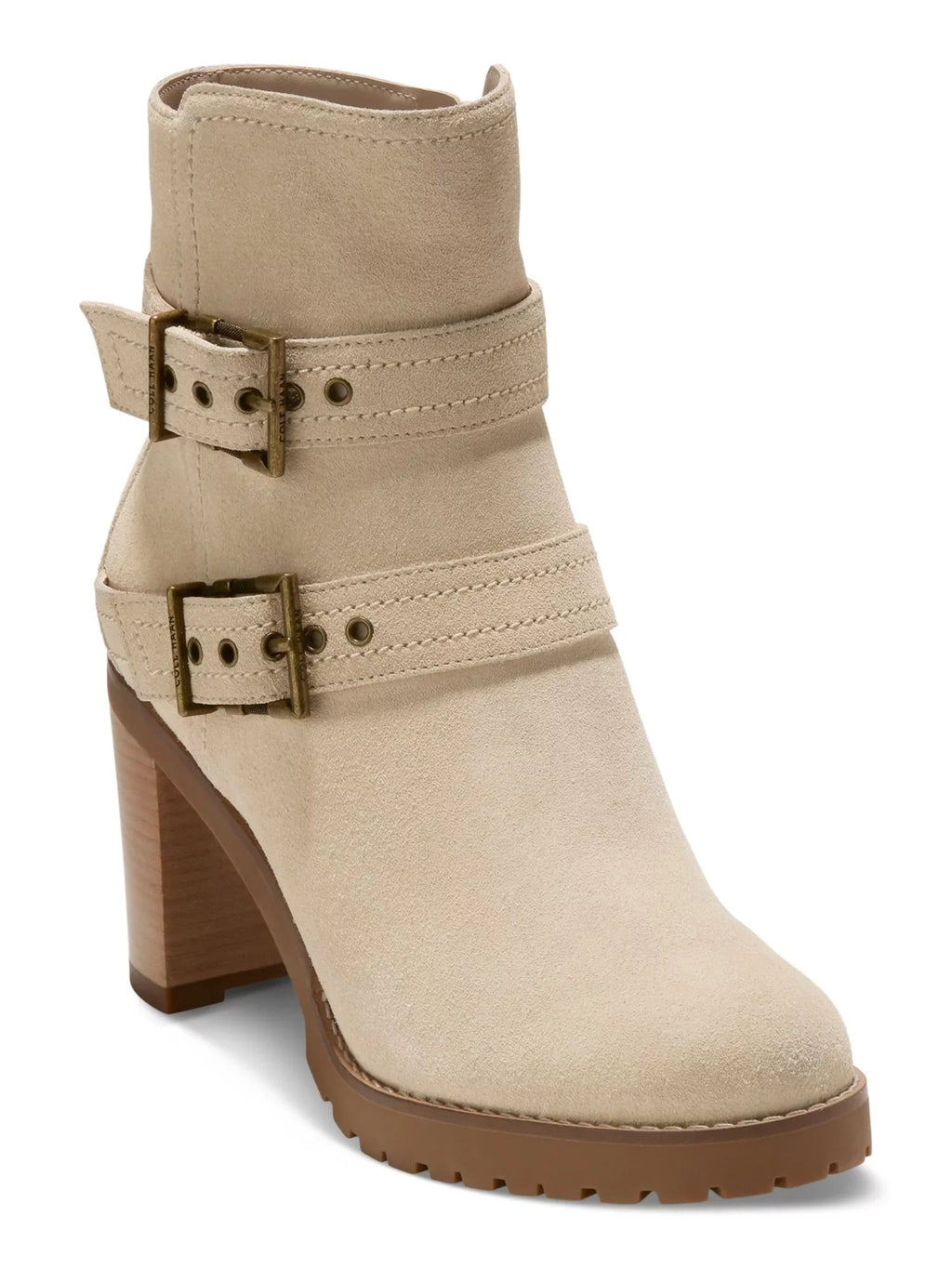 Womens Beige Zipper Accent Foster Almond Toe Stacked Heel Zip-Up Leather Heeled Boots 5.5 B