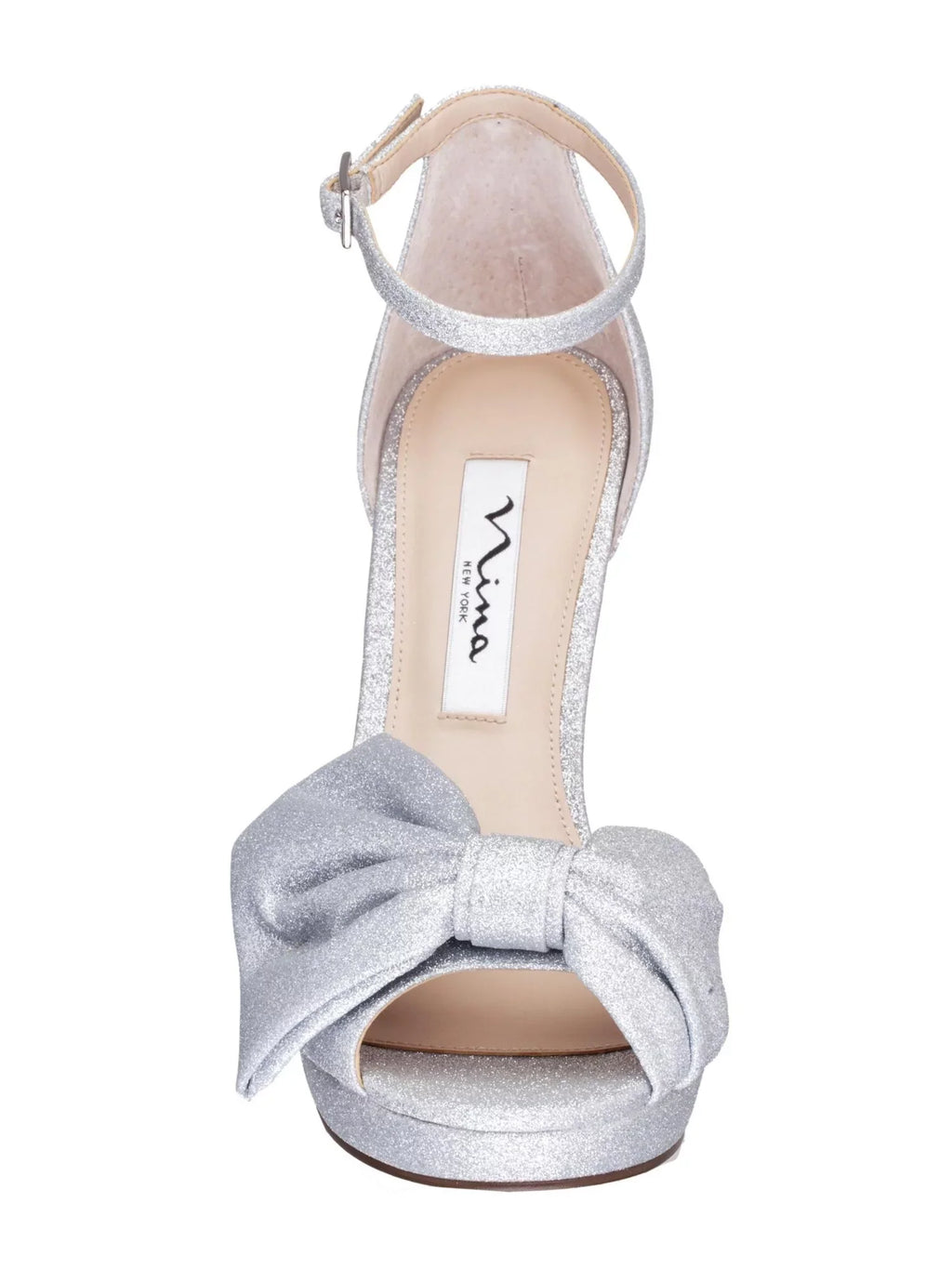 Womens Silver Glitter Padded Goring Ankle Strap Bow Accent Flosie Almond Toe Stiletto Buckle Leather Dress Pumps Shoes 11 M