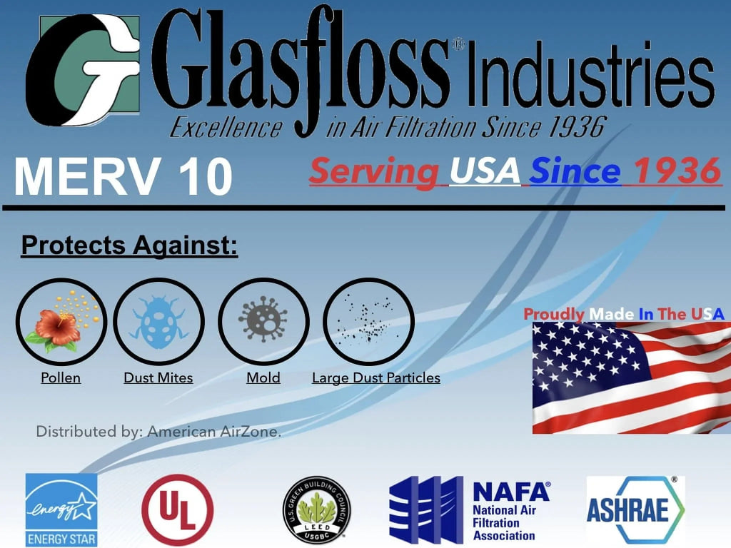 Glasfloss 15x20x1 -  10 -Qty:6 - Furnace Air Filter - Made in  (Actual Size: 14.5 x 19.5x7/8 inch)