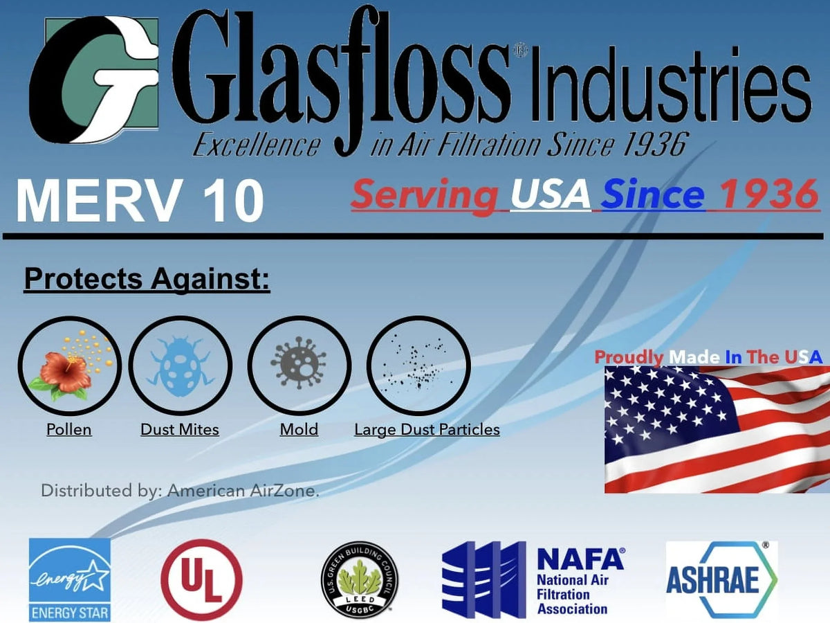 Glasfloss 15x20x1 -  10 -Qty:6 - Furnace Air Filter - Made in  (Actual Size: 14.5 x 19.5x7/8 inch)