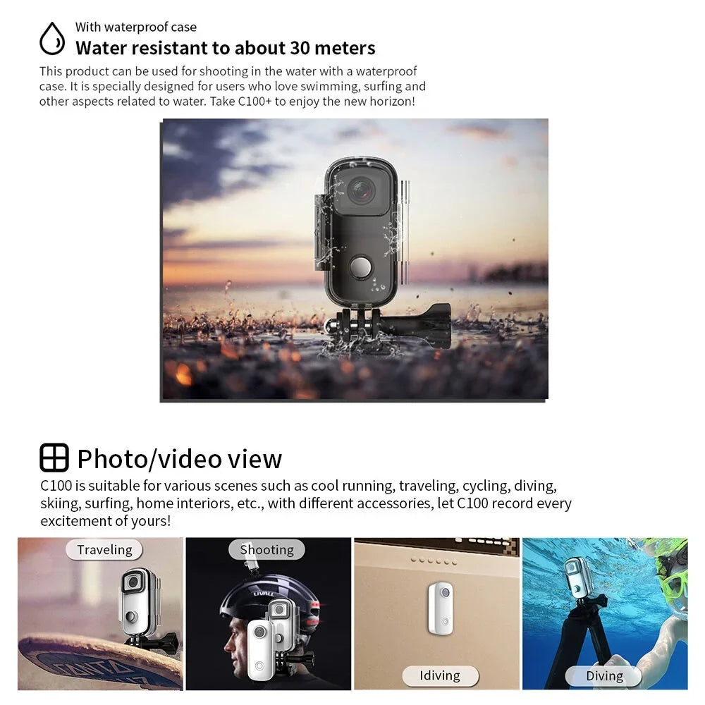 C100 Mini Action Camera 1080P/30fps Digital Video Camera 30M Waterproof Magnetic Body Built-in Battery WiFi Connection  Sharing with Waterproof Case Back Clip Lanyard