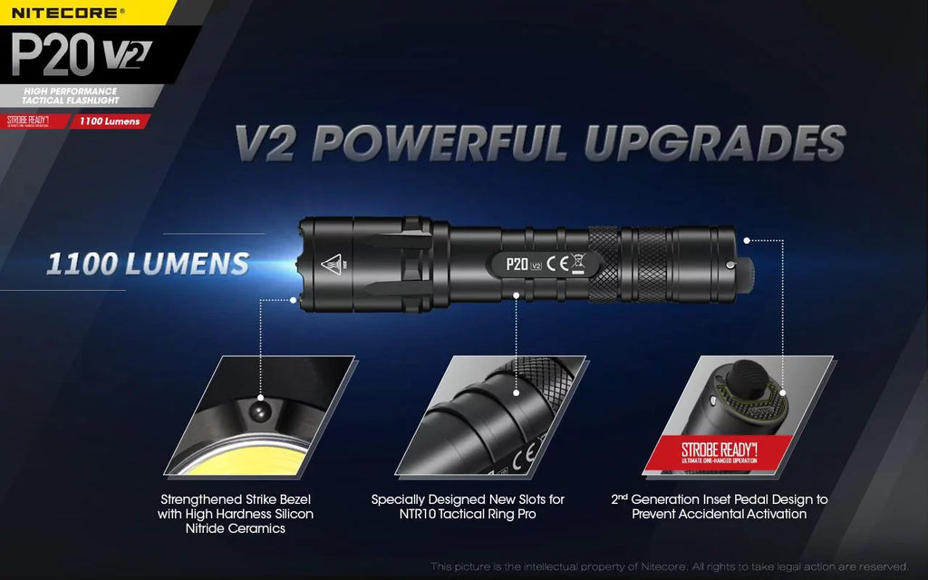 Combo: Nitecore P20 V2 Tactical  Flashlight -  -L2 V6 - 1100 Lumens w/NL189 Battery, D2 Charger +2x Free Eco-Sensa CR123A Batteries