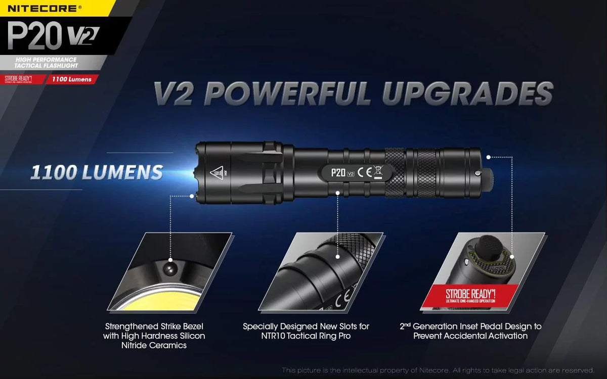 Combo: Nitecore P20 V2 Tactical  Flashlight -  -L2 V6 - 1100 Lumens w/NL1834R Battery +Free Eco-Sensa  Cord