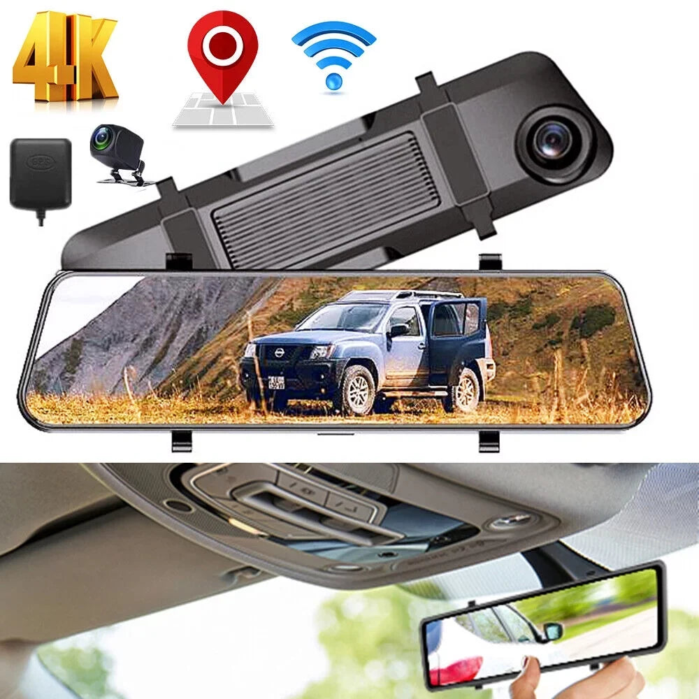 Paddsun 4K 12" Dash Cam Mirror  WiFi Voice Control Car Rear View Backup Dual Camera