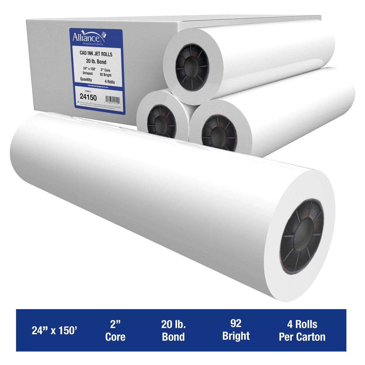 Alliance Wide Format Paper 24" x 150'  Bond 20lb | 92 Bright | 4 Rolls | 2" Core