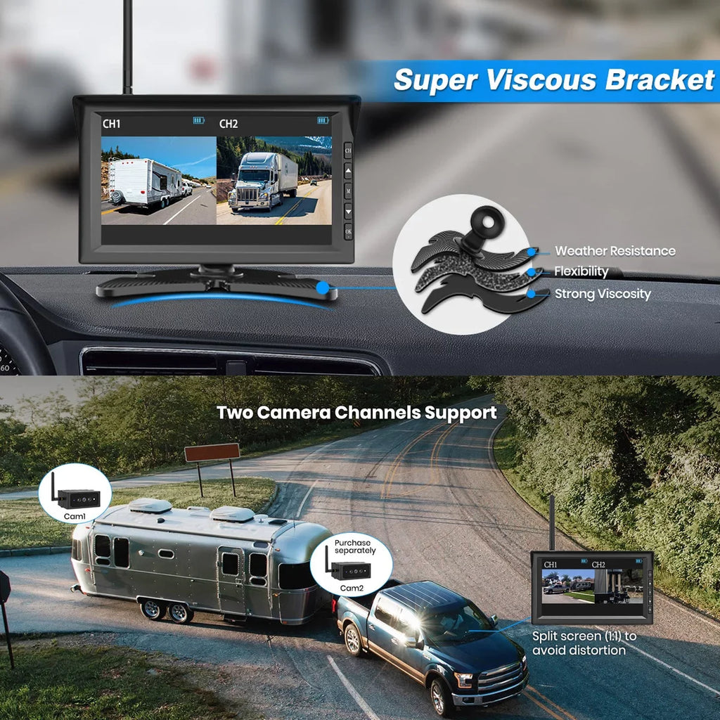 Auto-Vox Solar  Backup Camera 2 Channel Wireless Reverse Camera Systems, 7" Monitor Rear View Back Up Camera for Campervans, Trailer