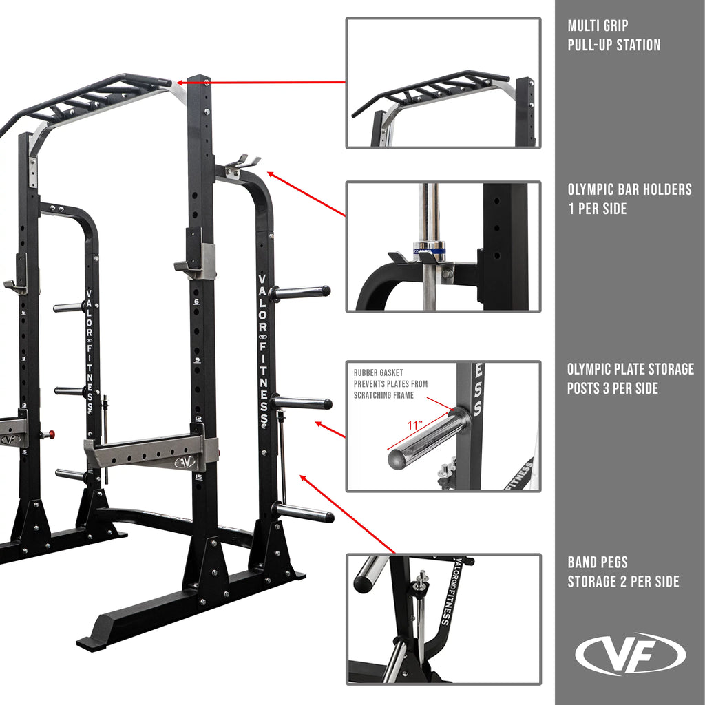 Valor Fitness Half Rack Squat Machine – 5 Position Multi-Grip Pull Up Station - Adjustable Height, Plate & Bar Storage, and Resistance Band Pegs – Max 1000 lbs – Power Rack Equipment --58