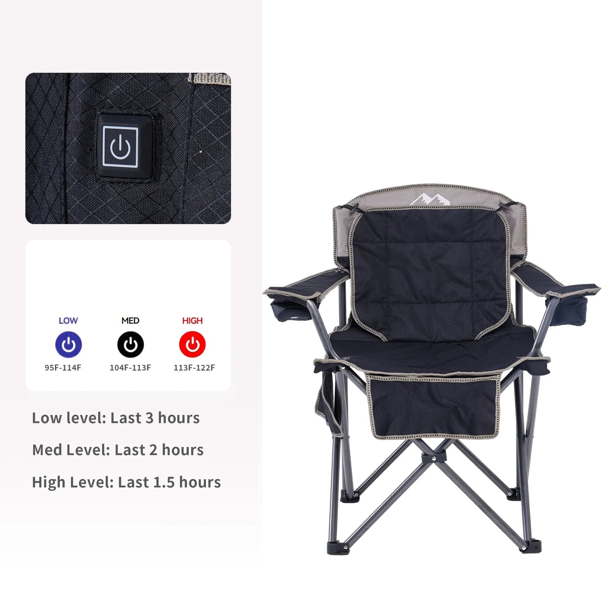 M8TRX Outdoors Heated Camping Chair, Portable Chair w/ 5000mAH Power Bank, 3 Heat Levels,  Charging Port, Black