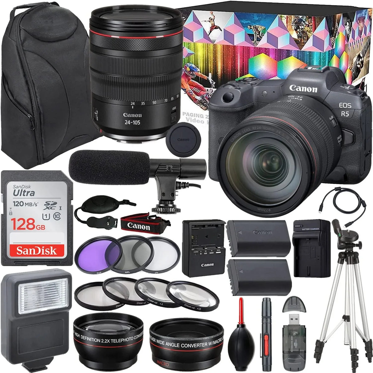 Camera bundle for Canon  R5 Mirrorless Camera with  24-105mm f/4 L   Lens + Shotgun Microphone with Video Kit Accessories (128GB, Tripod, Flash and More)