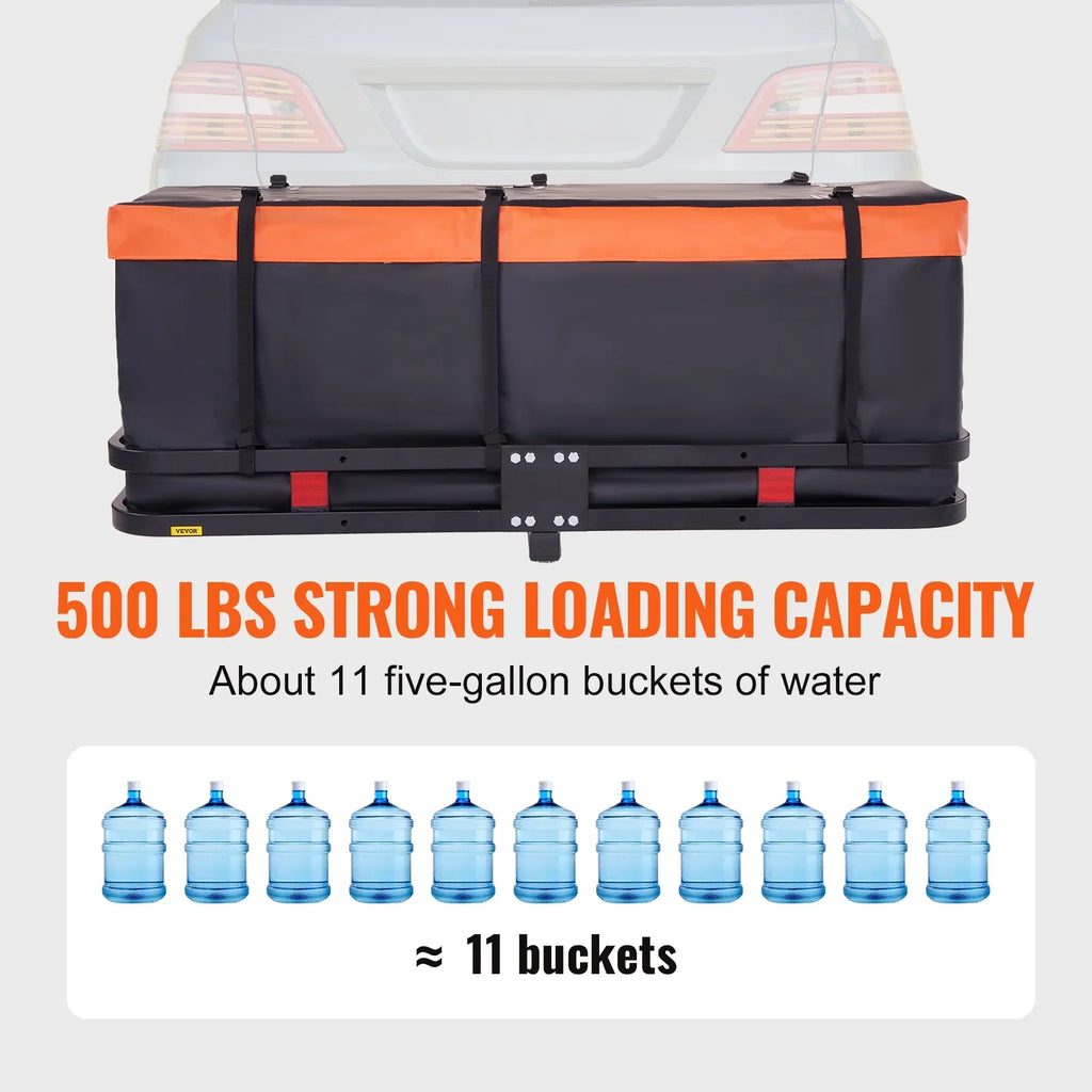 Hitch Mount Cargo Carrier 60x24x6in 500lb Foldable Steel Cargo Basket with Waterproof Bag Cargo Net Ratchet Straps Fits 2" Receiver