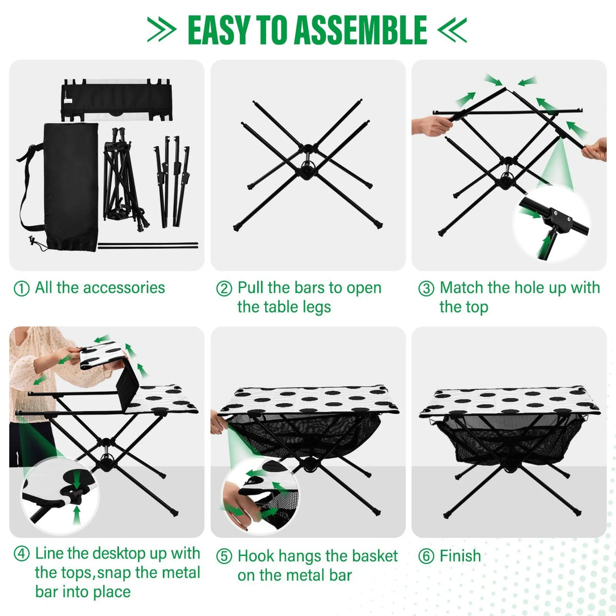 Black Polka Dots Camping Foldable Portable Table Beach Table with Storage Bag Compact Picnic Table for Outdoor Hiking Fishing