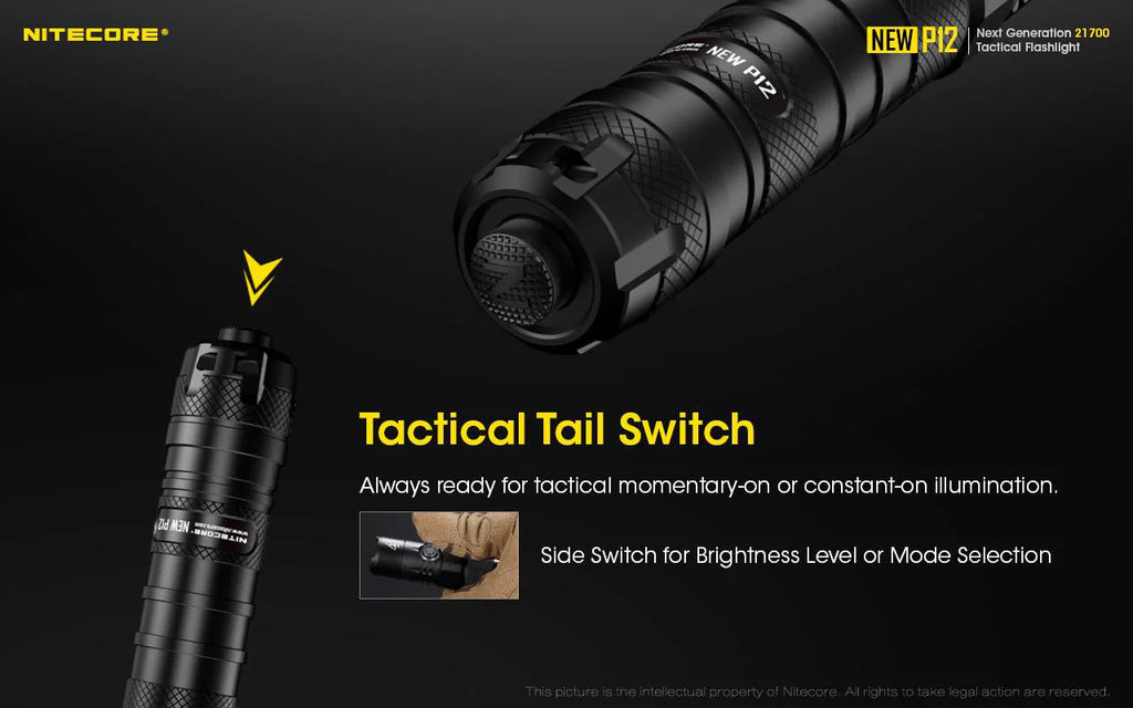 Nitecore New P12 Version  Flashlight - 1200 Lumens w/NL2150HPR Battery,  Cord, Offset Mount, RSW3 Pressure Switch,  and  3Amp Wall Adapter