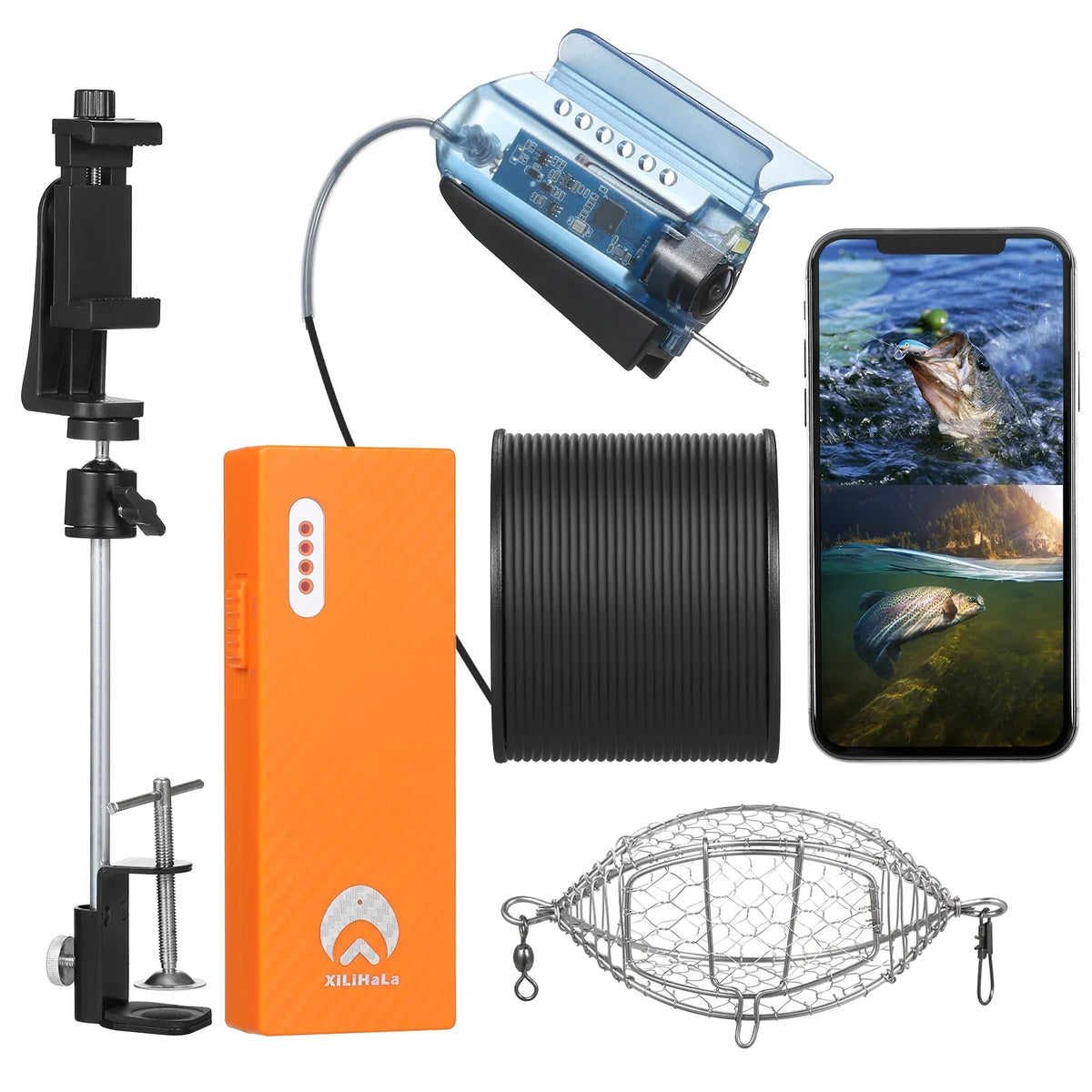 Dcenta 1080P Underwater Fishing Camera with  Control Fishing Live Video Camera Fish Finder with 50M Cable Mobile Phone Holder Bait Cage Carry Case for Ice Lake Sea Boat Kayak Fishing