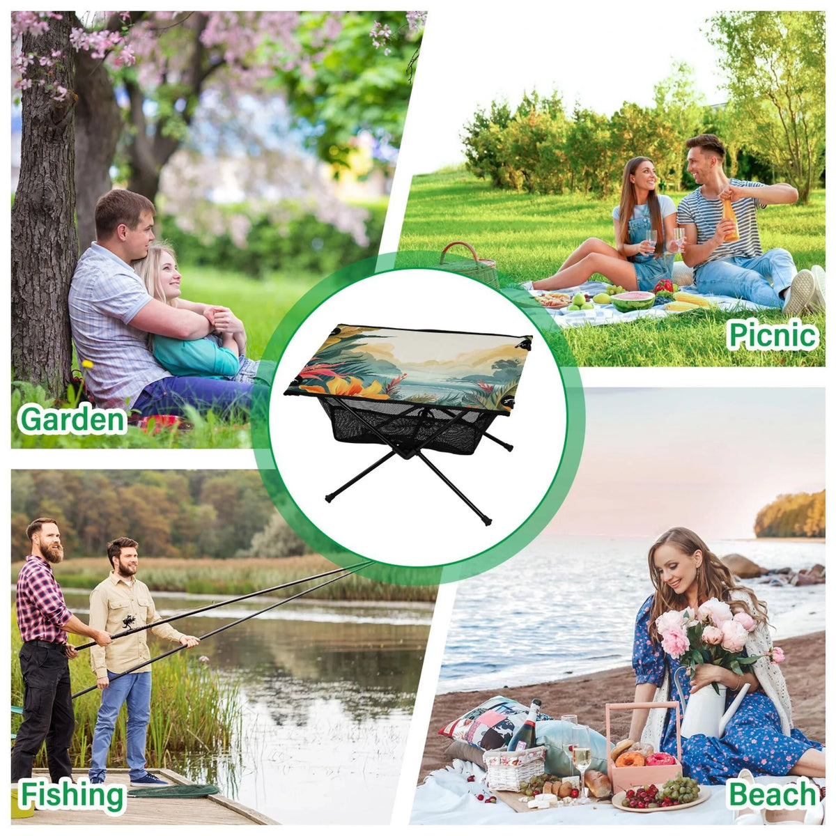 Palm Leaves Landscape Camping Folding Table Portable Beach Table with Storage Bag Compact Picnic Table for Outdoor Travel Fishing