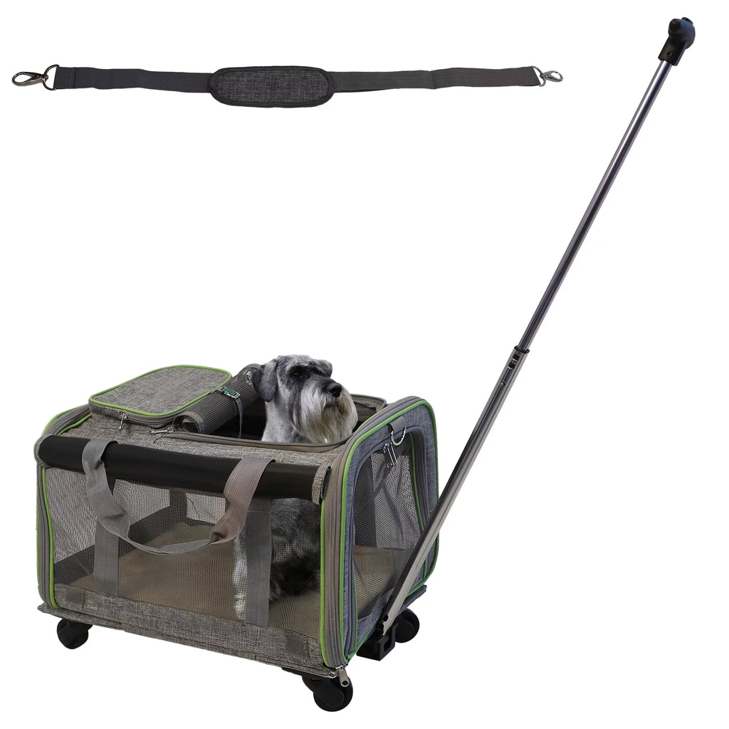 Pet Carrier with Wheels for Dogs and Cats, Airline Approved Pet Carrier for Cat & Dog, Cat Carrier with Wheel Removable Base, Telescopic Handle, Soft-Sided Mesh and Safety Strap