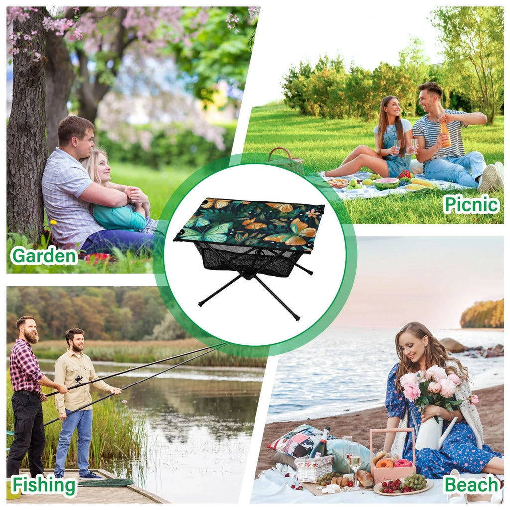 Butterfly Floral Leave Camping Folding Table Portable Beach Table with Storage Bag Compact Picnic Table for Outdoor Travel Fishing