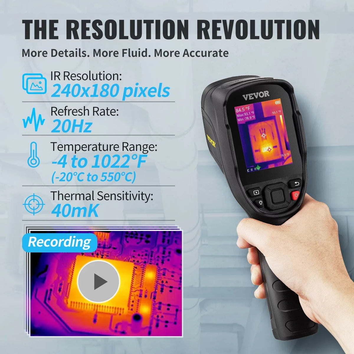 Thermal Imaging Camera, 240x180  Resolution with 2MP Visual Camera, 20Hz Refresh Rate Infrared Camera with -4℉~1022℉ Temperature Range, 64G Built-in  Card and Rechargeable Li-ion Battery