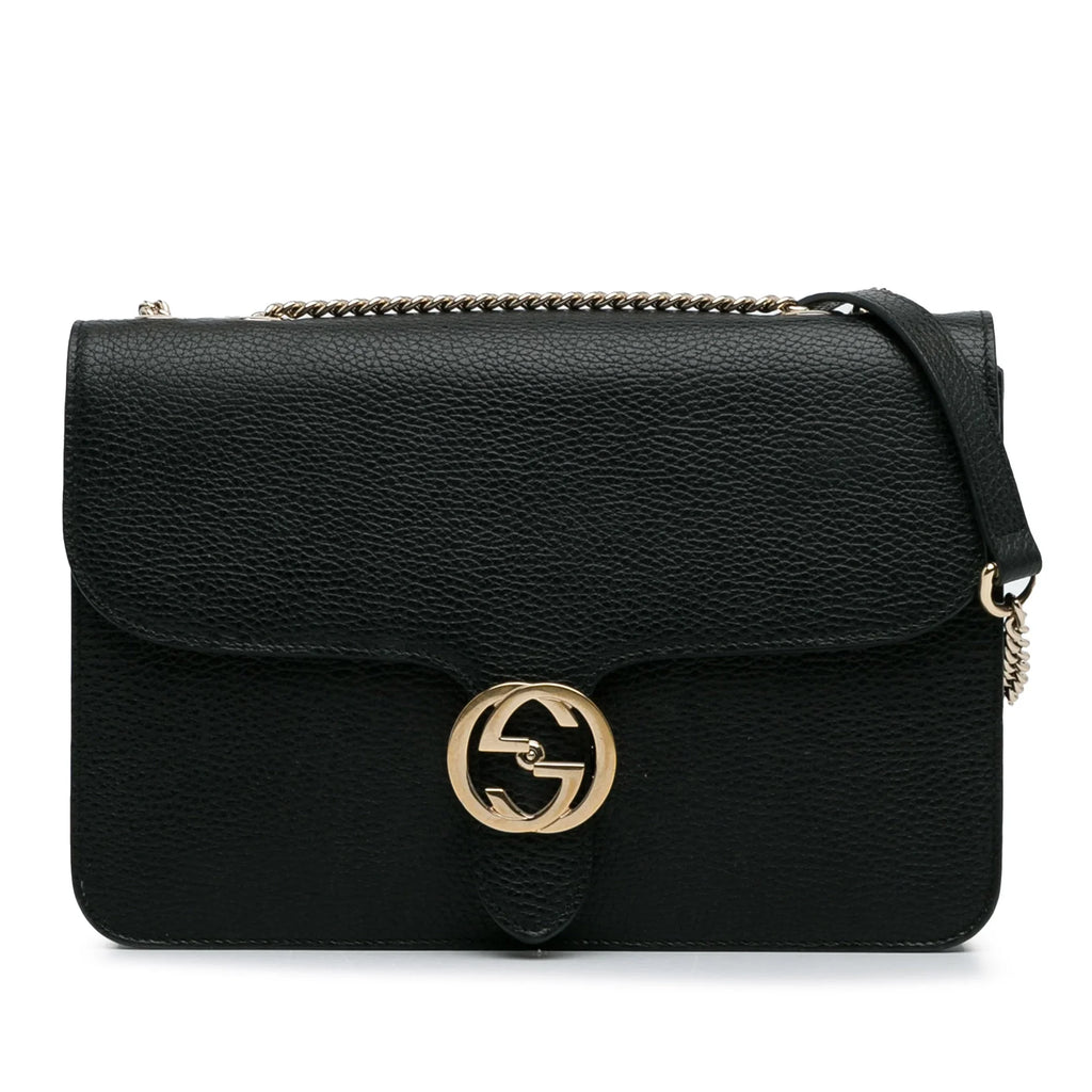 Pre-Owned Authenticated Gucci Medium Dollar Interlocking G Crossbody Bag Calf Leather Black Unisex (Good)